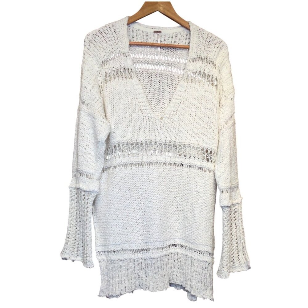 Free People Belong to You Womens Cotton Knit Sweater Ivory V-Neck Long Sleeve L
